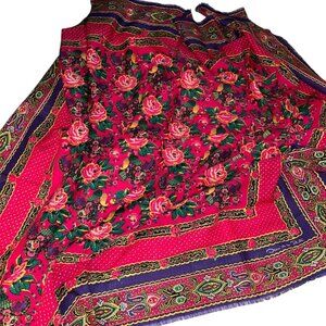 Vintage 90s Wool Challis SPECTACULAR BRIGHT pink purple floral shawl scarf wrap
